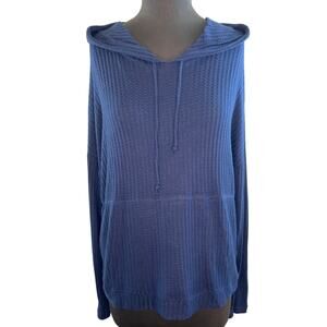 CHASER Dark Navy Waffle Knit Pullover Drawstring Hoodie Sweater Top M Medium